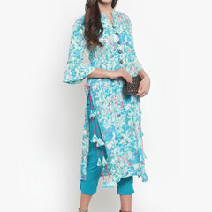 Indibelle Women Turquoise Rayon Slub Abstract Print Straight Kurta