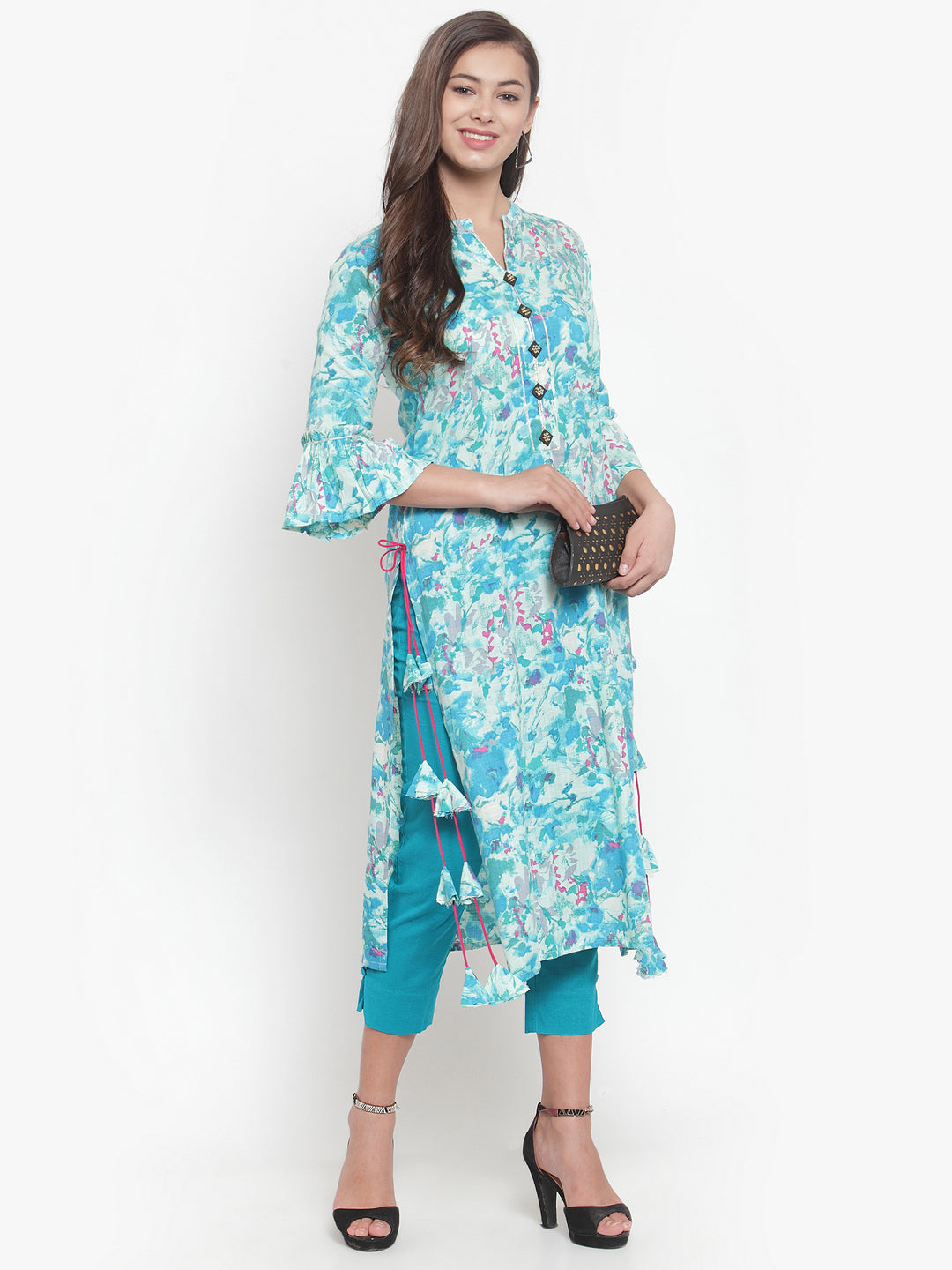 Indibelle Women Turquoise Rayon Slub Abstract Print Straight Kurta