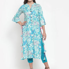 Indibelle Women Turquoise Rayon Slub Abstract Print Straight Kurta