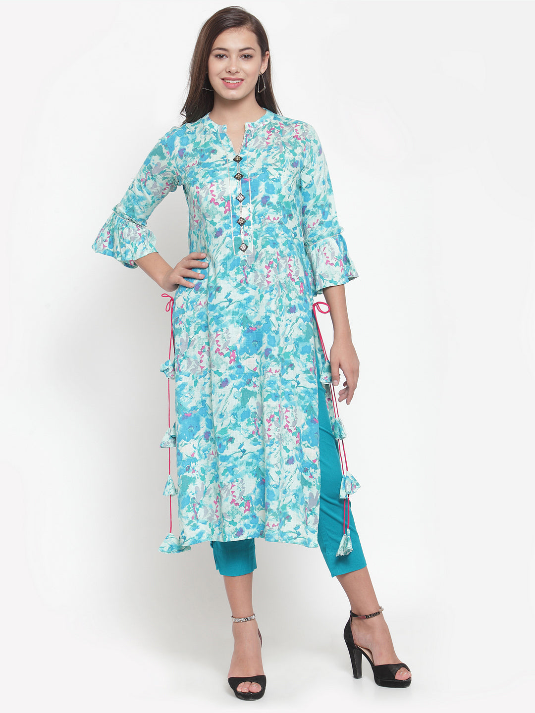 Indibelle Women Turquoise Rayon Slub Abstract Print Straight Kurta