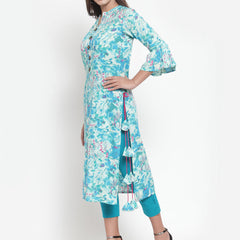 Indibelle Women Turquoise Rayon Slub Abstract Print Straight Kurta