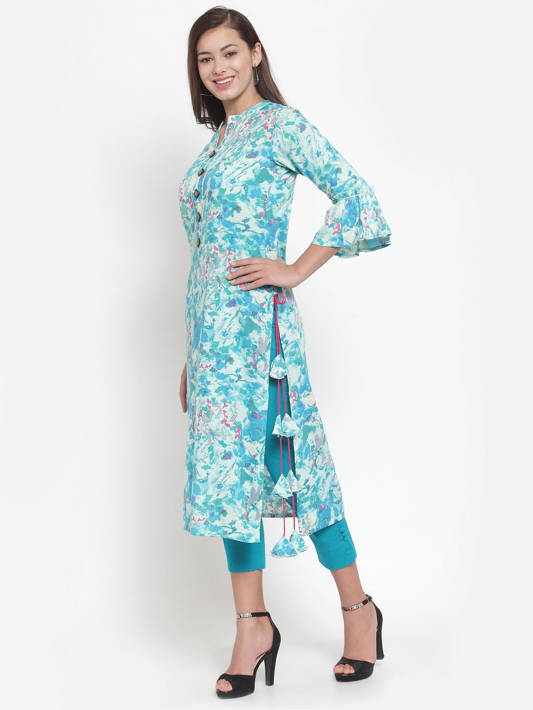 Indibelle Women Turquoise Rayon Slub Abstract Print Straight Kurta