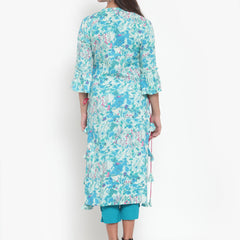 Indibelle Women Turquoise Rayon Slub Abstract Print Straight Kurta