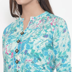 Indibelle Women Turquoise Rayon Slub Abstract Print Straight Kurta
