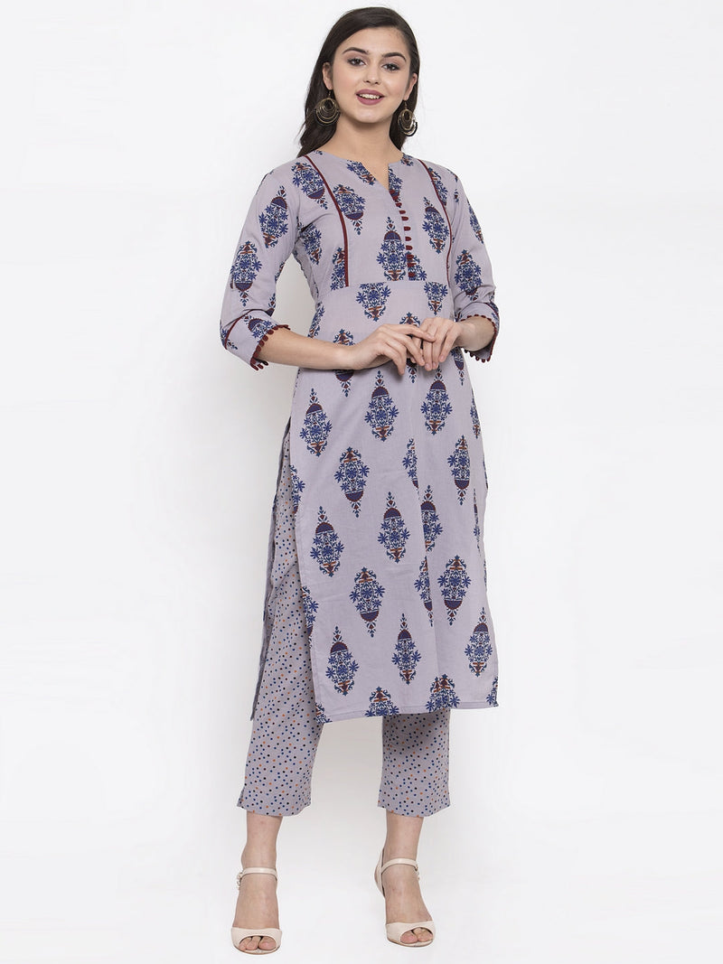 Indibelle Grey Cotton Block Printed Straight Kurta