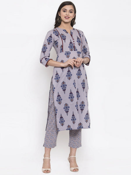 Indibelle Grey Cotton Block Printed Straight Kurta