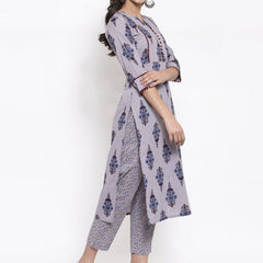 Indibelle Grey Cotton Block Printed Straight Kurta