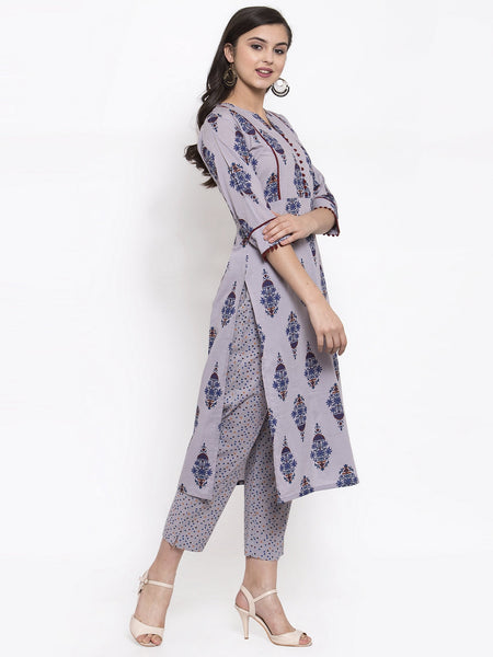 Indibelle Grey Cotton Block Printed Straight Kurta