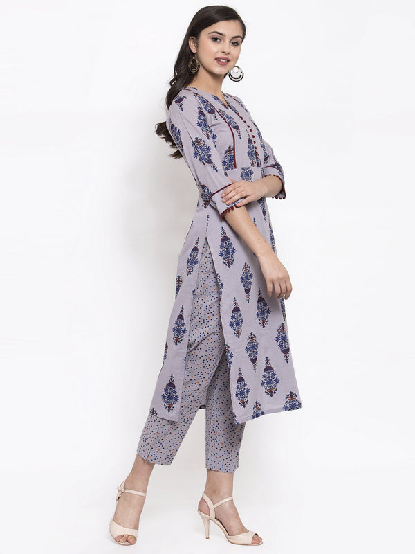 Indibelle Grey Cotton Block Printed Straight Kurta set