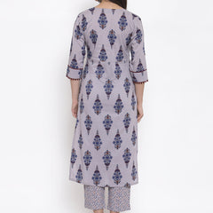 Indibelle Grey Cotton Block Printed Straight Kurta set