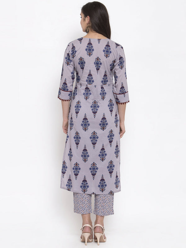 Indibelle Grey Cotton Block Printed Straight Kurta set