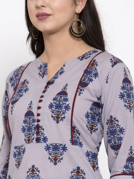Indibelle Grey Cotton Block Printed Straight Kurta
