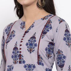 Indibelle Grey Cotton Block Printed Straight Kurta set