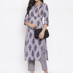 Indibelle Grey Cotton Block Printed Straight Kurta set