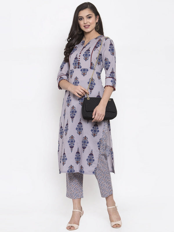 Indibelle Grey Cotton Block Printed Straight Kurta set