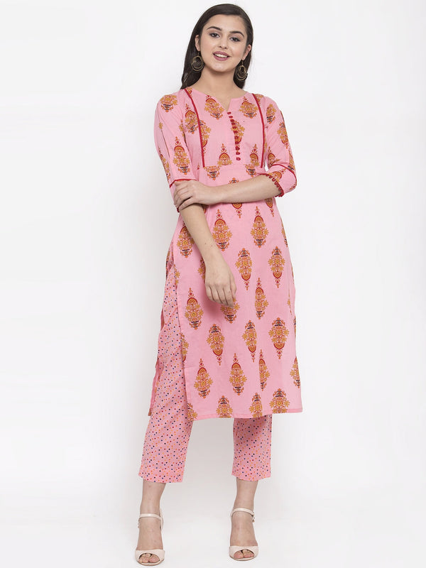 Indibelle Pink Cotton block Printed Straight Kurta