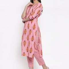 Indibelle Pink Cotton block Printed Straight Kurta