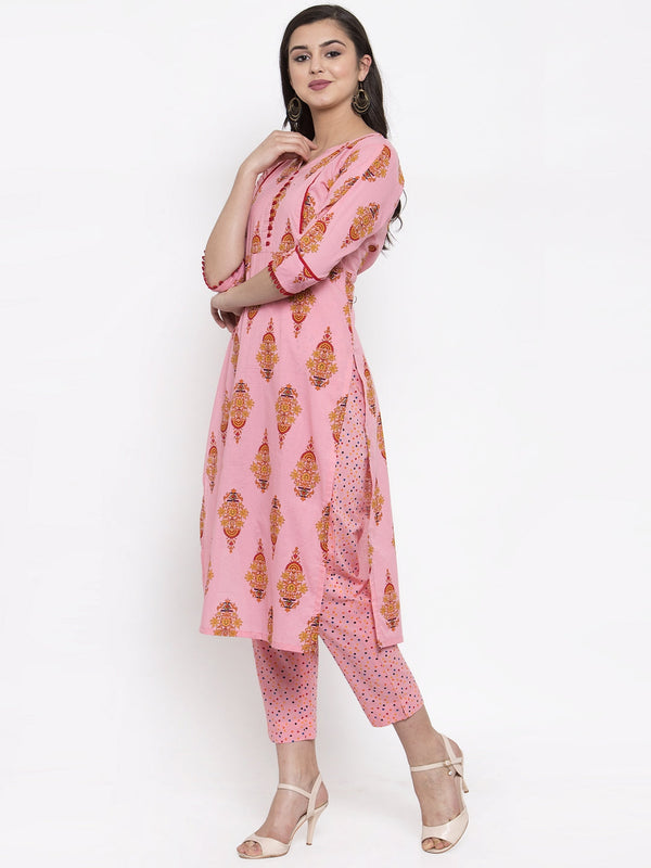 Indibelle Pink Cotton block Printed Straight Kurta