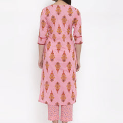 Indibelle Pink Cotton block Printed Straight Kurta