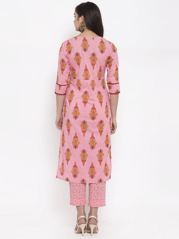 Indibelle Pink Cotton block Printed Straight Kurta