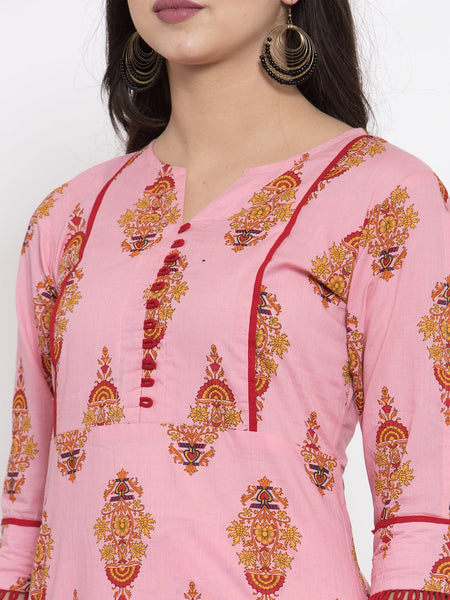 Indibelle Pink Cotton block Printed Straight Kurta
