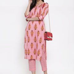 Indibelle Pink Cotton block Printed Straight Kurta
