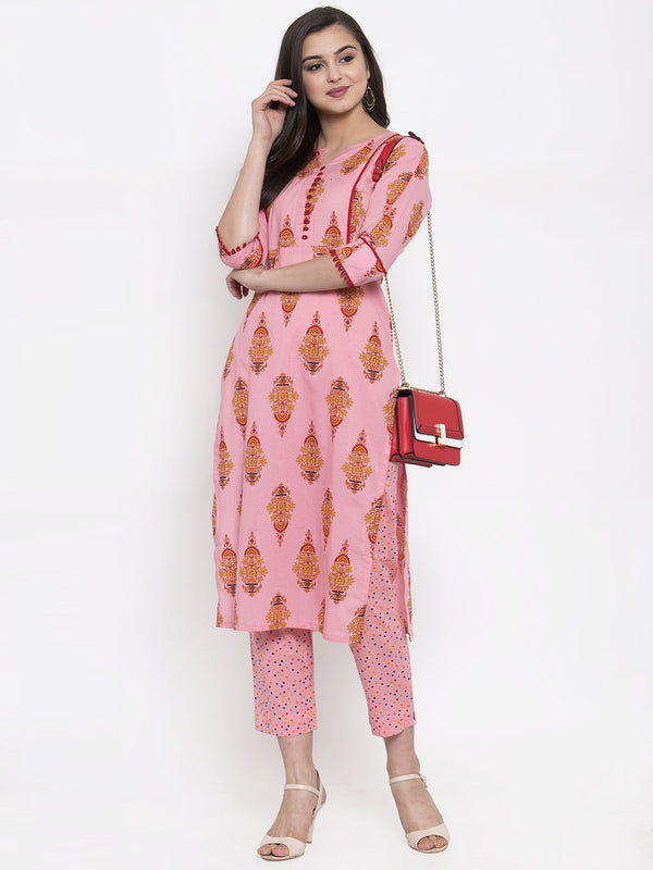 Indibelle Pink Cotton block Printed Straight Kurta
