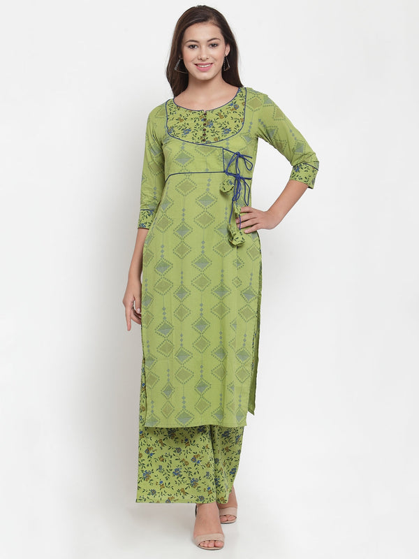 Indibelle Women Mahandi Green Cotton Floral Print Straight Kurta