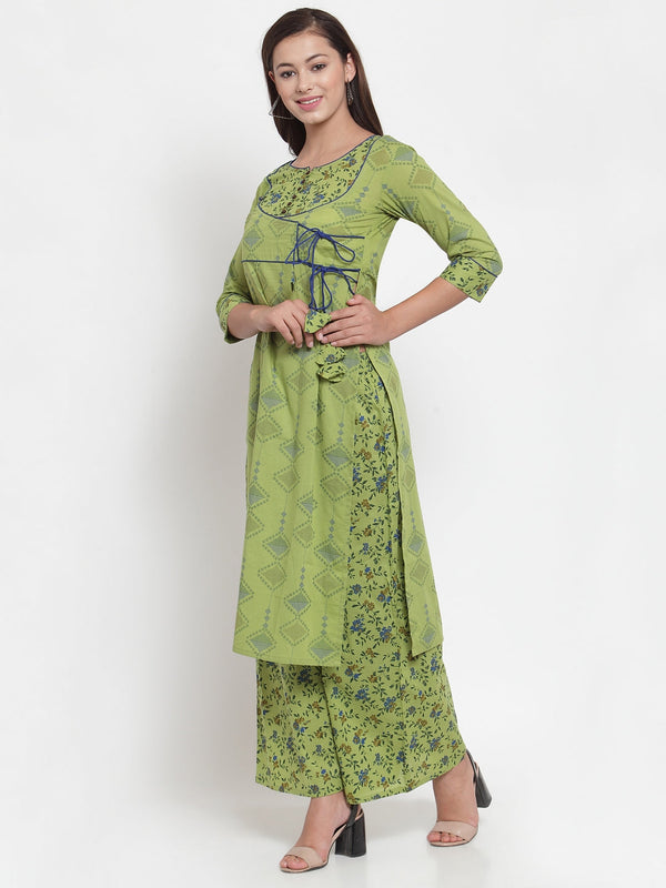 Indibelle Women Mahandi Green Cotton Floral Print Straight Kurta