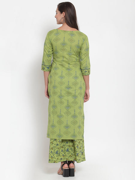 Indibelle Women Mahandi Green Cotton Floral Print Straight Kurta