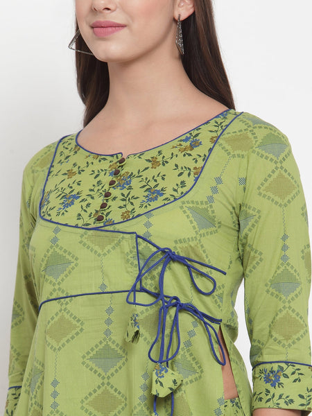 Indibelle Women Mahandi Green Cotton Floral Print Straight Kurta