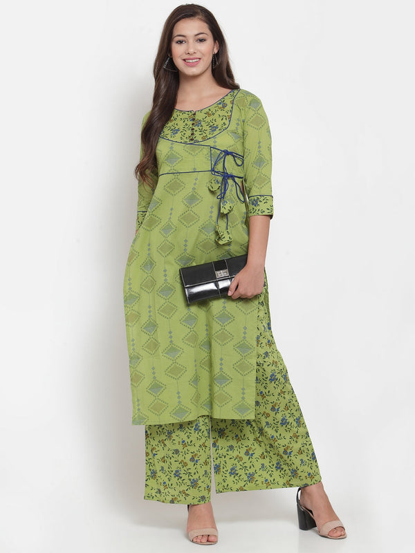 Indibelle Women Mahandi Green Cotton Floral Print Straight Kurta