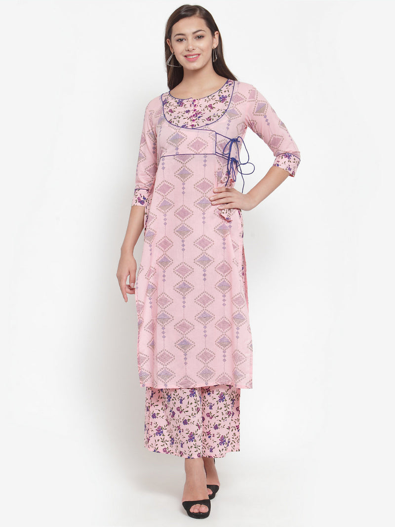 Indibelle Women Pink Cotton Floral Print Straight Kurta
