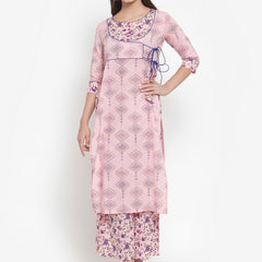 Indibelle Women Pink Cotton Floral Print Straight Kurta