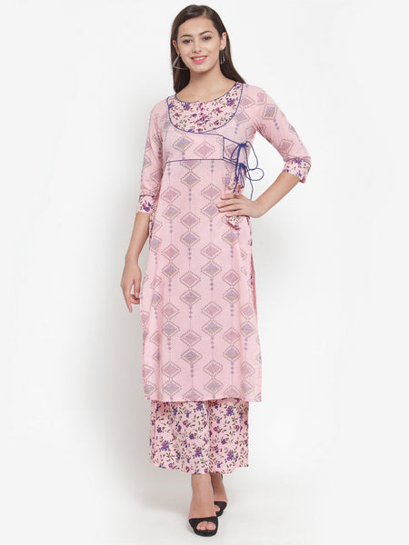 Indibelle Women Pink Cotton Floral Print Straight Kurta