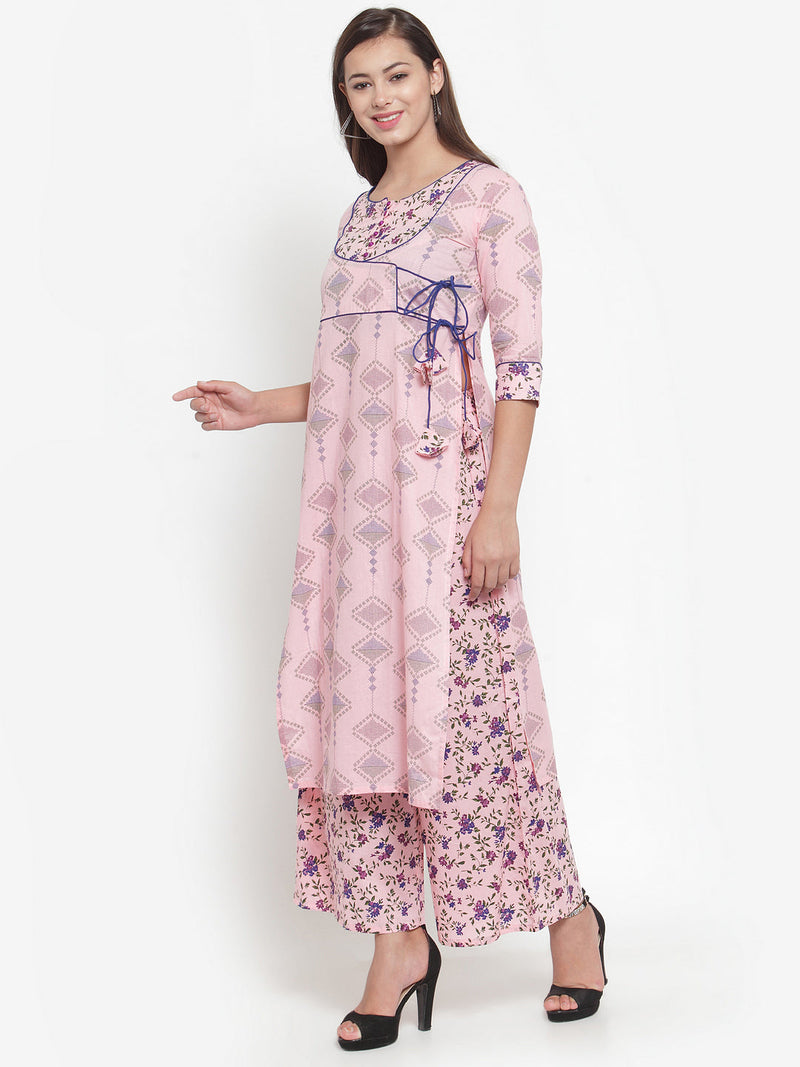 Indibelle Women Pink Cotton Floral Print Straight Kurta set