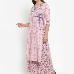 Indibelle Women Pink Cotton Floral Print Straight Kurta set