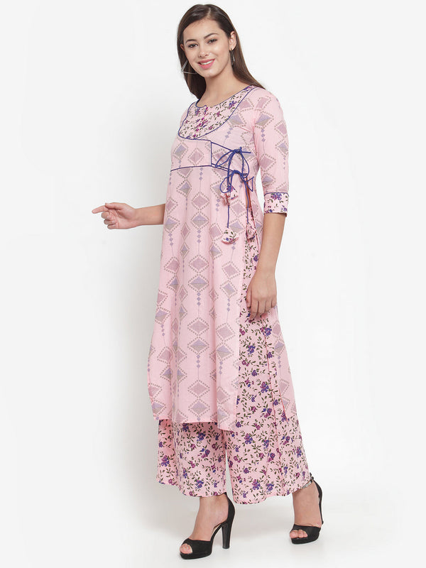 Indibelle Women Pink Cotton Floral Print Straight Kurta