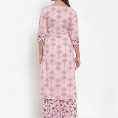 Indibelle Women Pink Cotton Floral Print Straight Kurta set