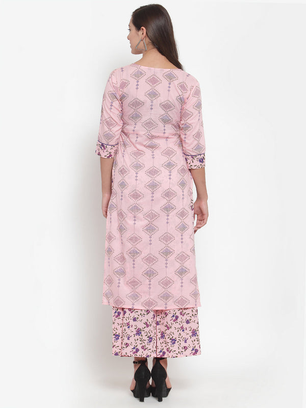 Indibelle Women Pink Cotton Floral Print Straight Kurta set