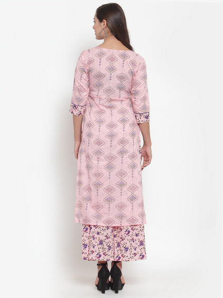 Indibelle Women Pink Cotton Floral Print Straight Kurta
