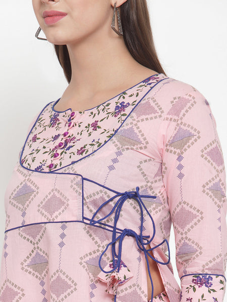 Indibelle Women Pink Cotton Floral Print Straight Kurta