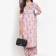 Indibelle Women Pink Cotton Floral Print Straight Kurta set