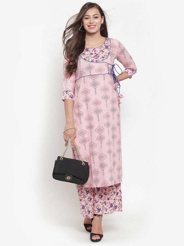 Indibelle Women Pink Cotton Floral Print Straight Kurta set