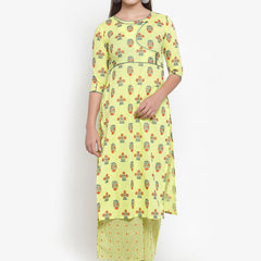Indibelle Women Lemon Yellow Cotton Foil Print Straight Kurta