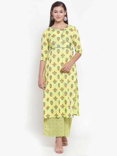 Indibelle Women Lemon Yellow Cotton Foil Print Straight Kurta