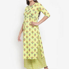 Indibelle Women Lemon Yellow Cotton Foil Print Straight Kurta set