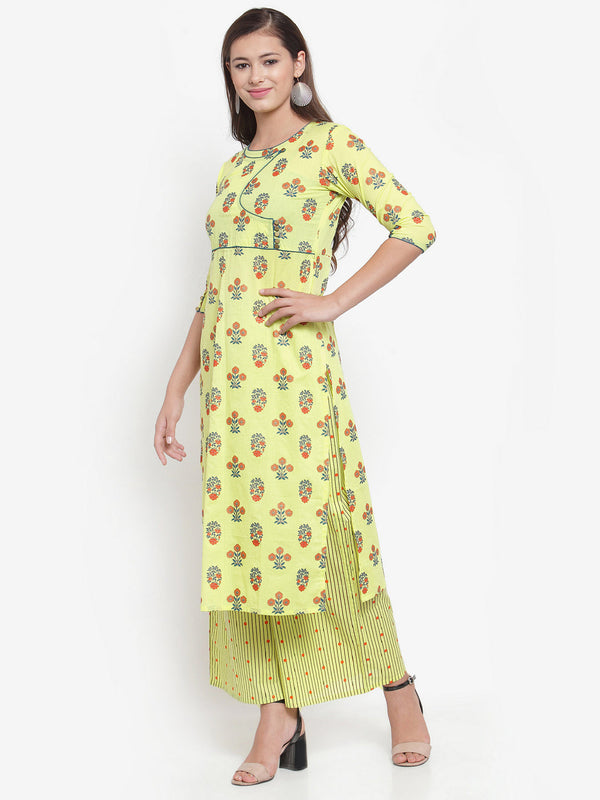 Indibelle Women Lemon Yellow Cotton Foil Print Straight Kurta