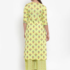 Indibelle Women Lemon Yellow Cotton Foil Print Straight Kurta