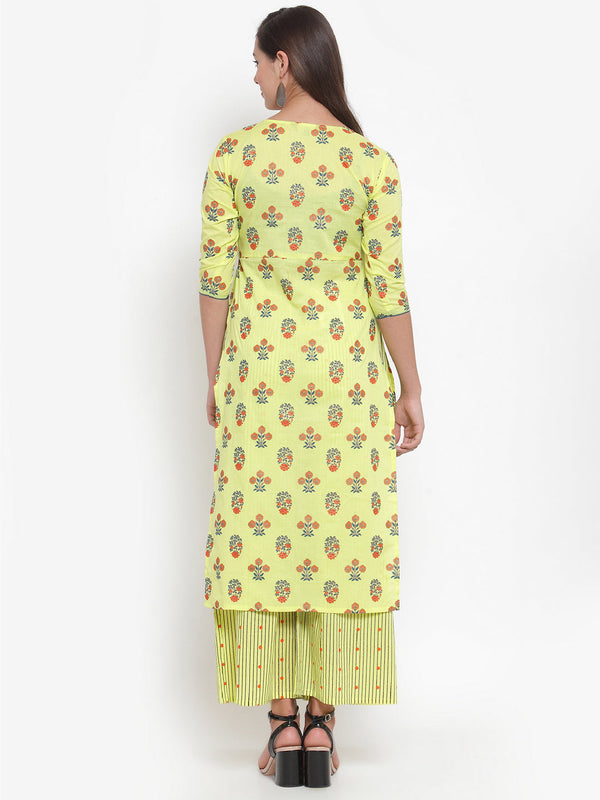 Indibelle Women Lemon Yellow Cotton Foil Print Straight Kurta set